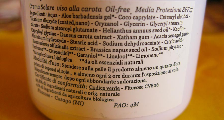 INCI crema solare Fitocose