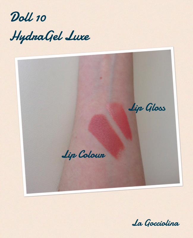 Swatch rossetto e lipgloss Hydragel Lux di Doll 10