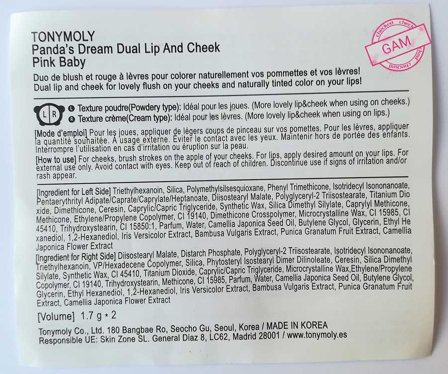 INCI Panda's Dream, Dual Lip & Cheek di TonyMoly