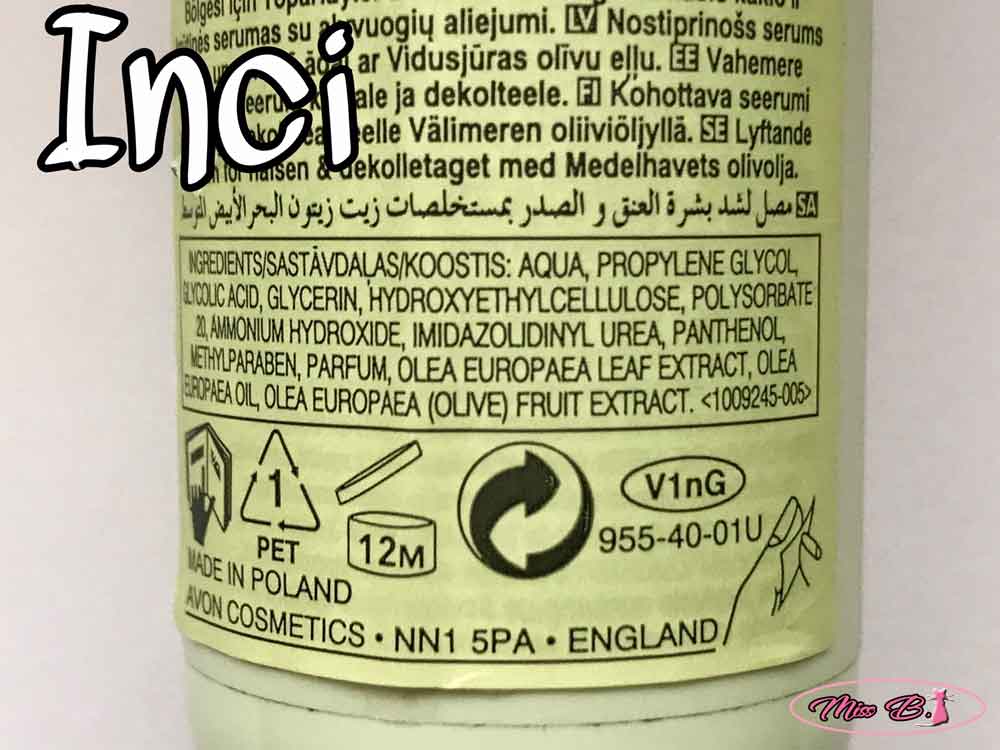 INCI Siero rassodante all'olio di Oliva Avon per collo e decollete