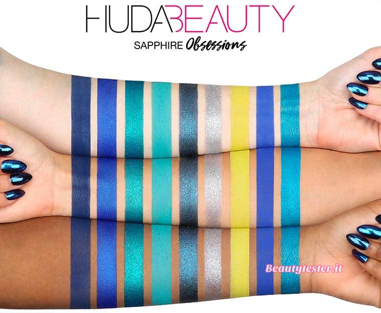 Swatch palette Huda Beauty Precious Stones Obsessions Colore zaffiro