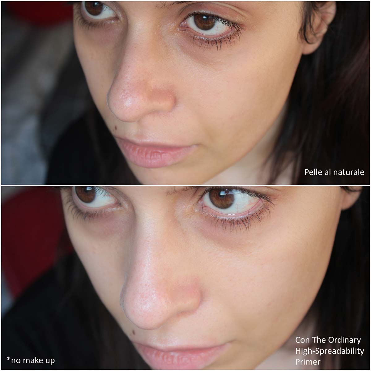 Recensione The Ordinary Primer fluido levigante High-Spreadability 10 Confronto prima-dopo: sopra pelle al naturale senza primer, sotto con primer