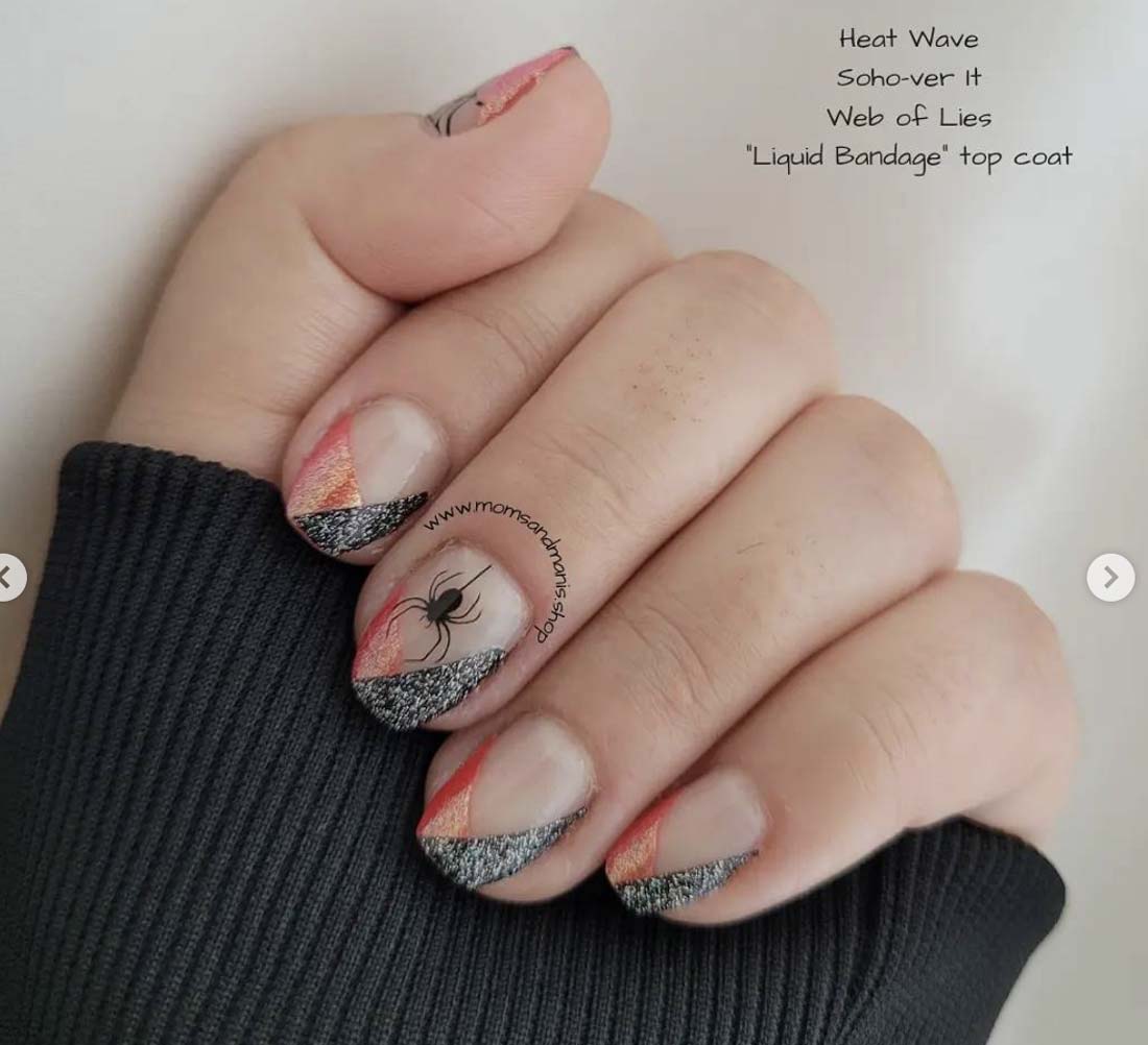Gel unghie con decorazione classica geometrica arancione e nero glitter