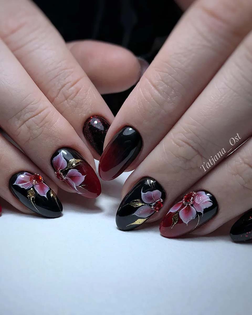 Unhas de noiva pretas e vermelhas