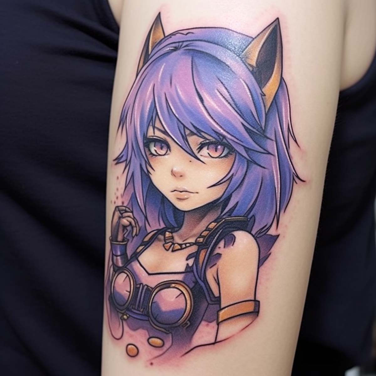 Tatuaggio semplice Manga donna con capelli viola e taglio occhi orientale