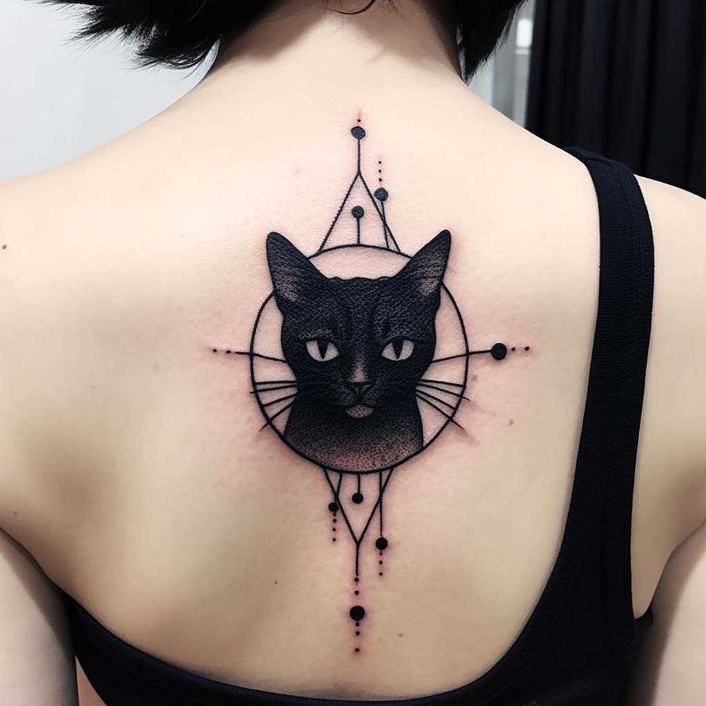 Tatuaggio minimalista gatto nero sulla schiena