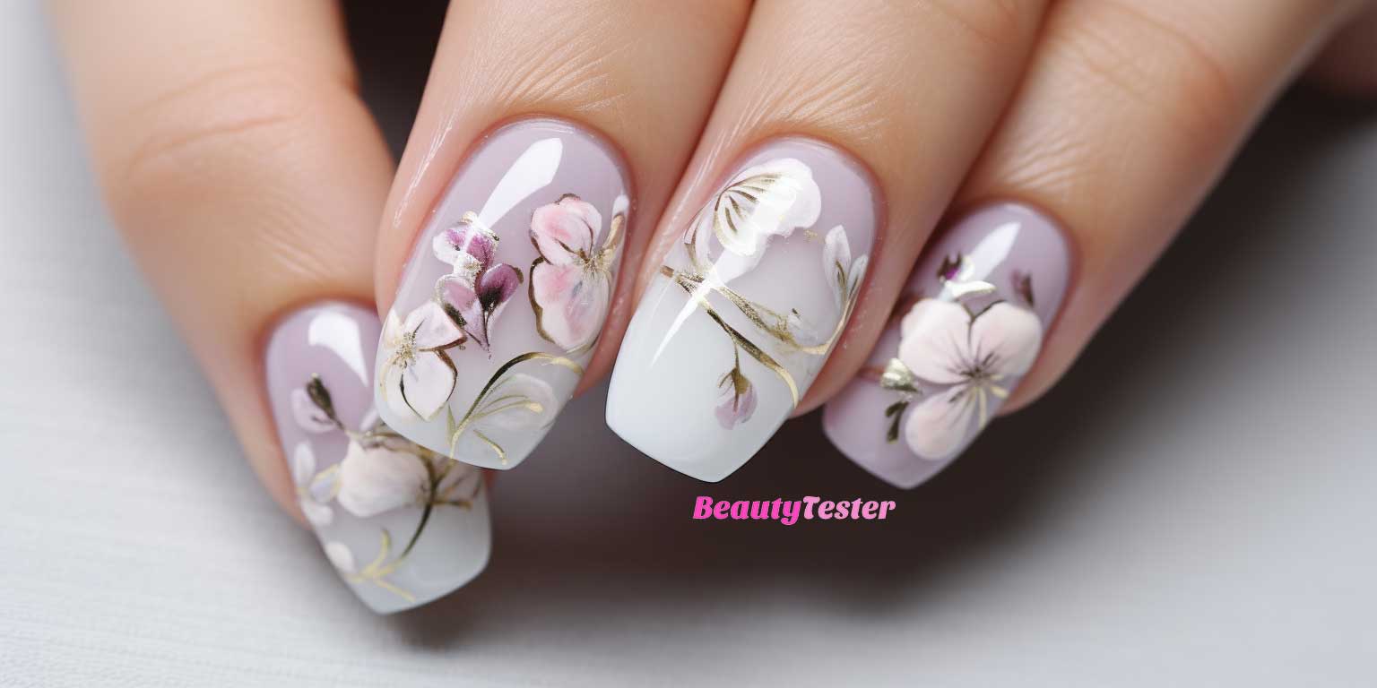 Unghie gel con fiori nei toni del bianco