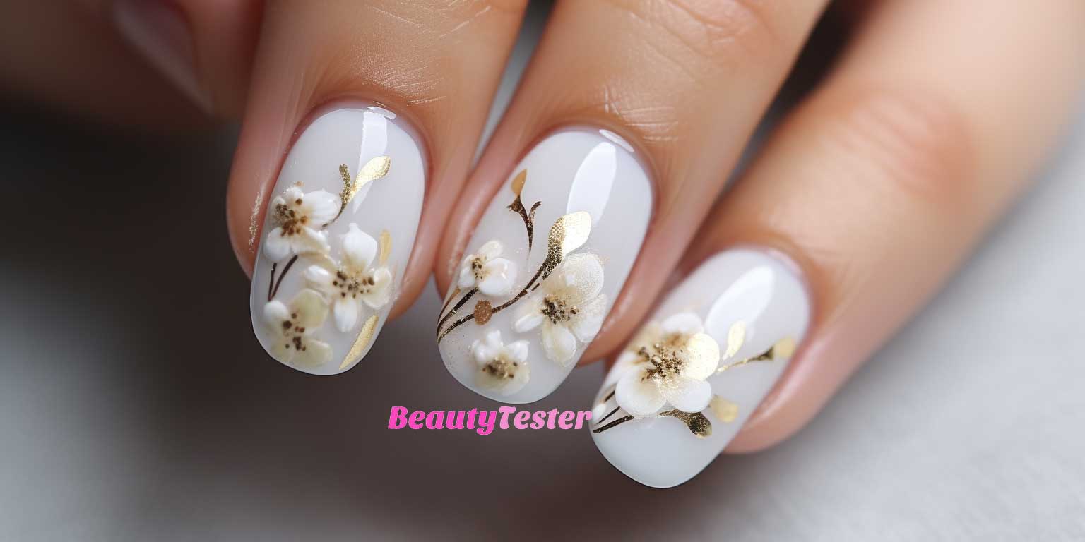 Unghie gel con fiori nei toni del bianco