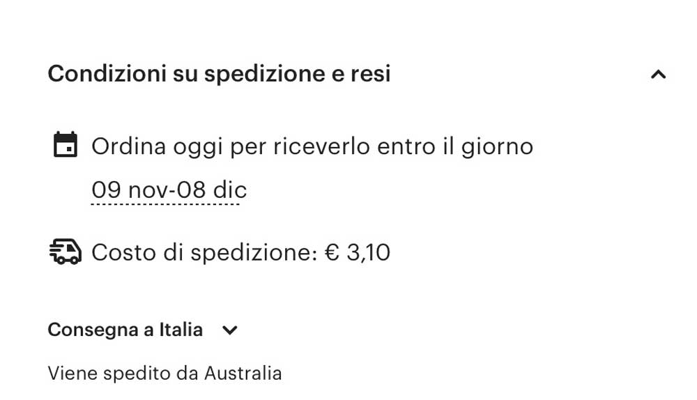 Tempistiche consegna prodotti da Etsy esempio