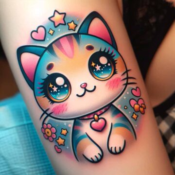 Tattoo gatto Kawaii colorato