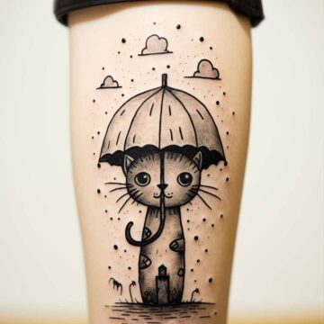 tatuaggio gatto con ombrello, perfetto per il polpaccio