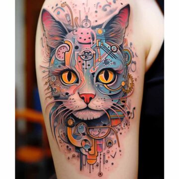 Tatuaggio gatto colorato con dettagli geometrici