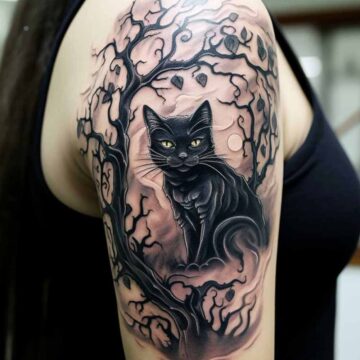 Tatuaggio gatto nero elaborato sulla spalla
