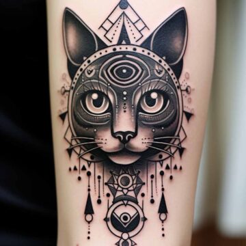 Tatuaggio gatto con disegni geometrici