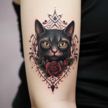 Gatto nero con rosa rossa e decorazioni