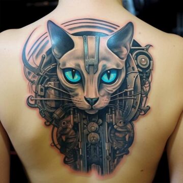tatuaggio gatto futuristico con ingranaggi schiena