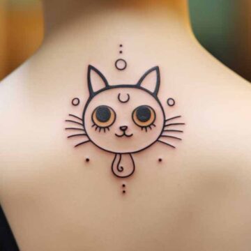 Tatuaggio sulla parte alta della schiena che ritrae un gatto stilizzato semplice ed accattivante