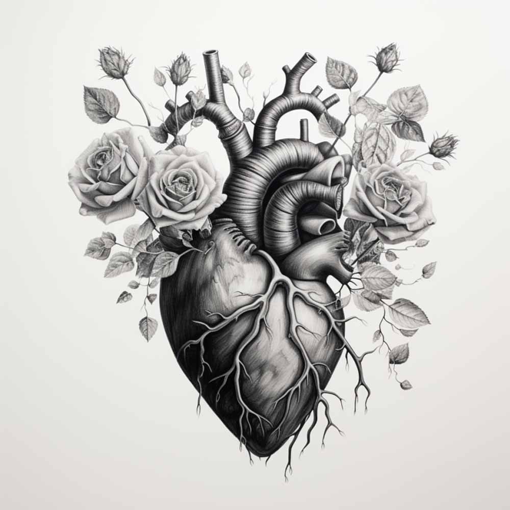 Tatuaggio cuore: 50 FOTO idee uniche e significati 6 Idea disegno tatuaggio cuore anatomico con rose