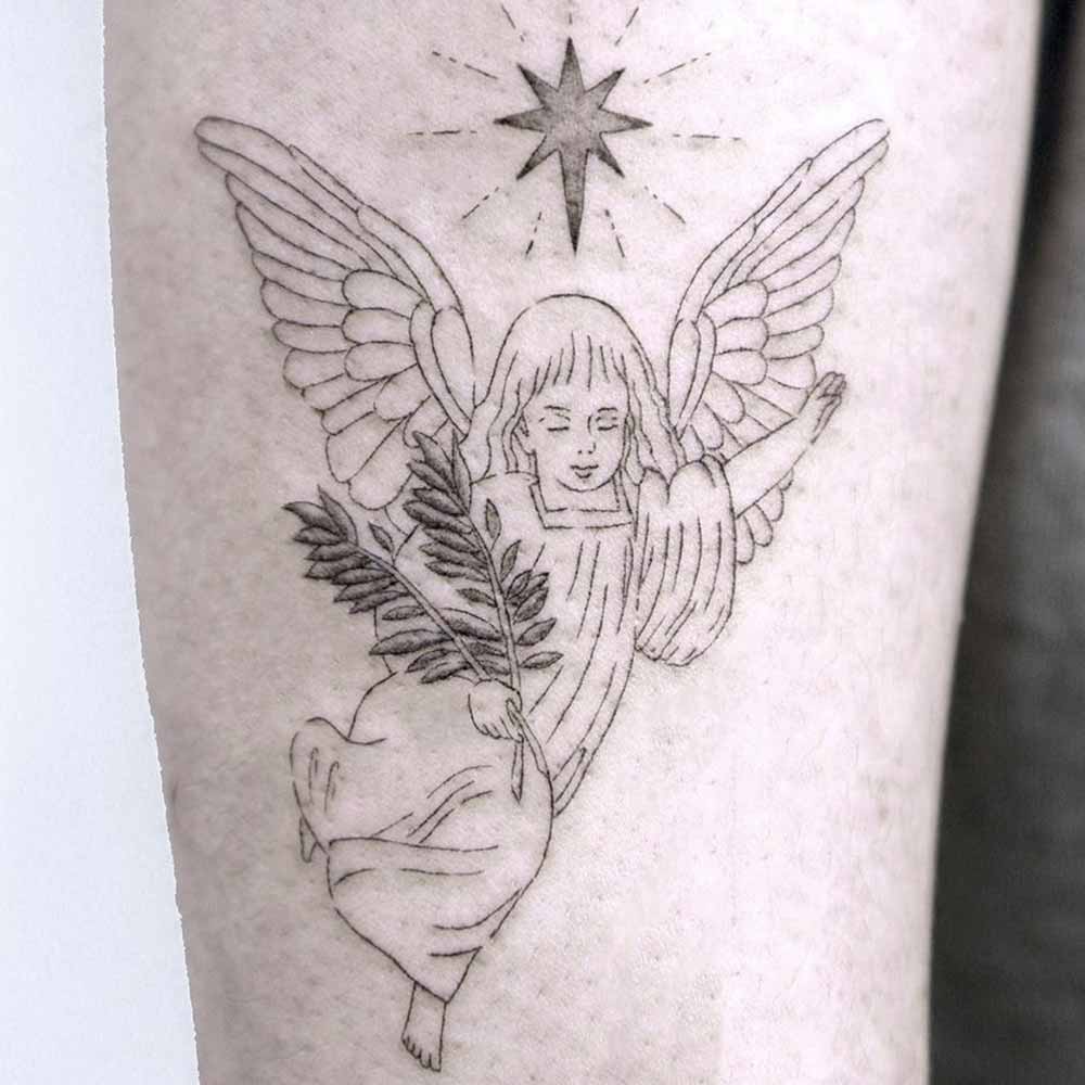 Tatuaggio angelo semplice mono colore  con rami du ulivo in mano