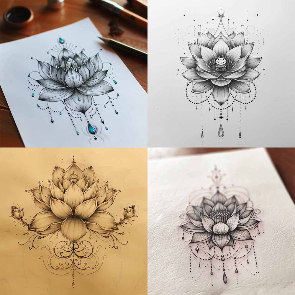 Schizzi in bianco e nero fiori di Loto tatuaggio Schizzi in bianco e nero fiori di Loto tatuaggio
